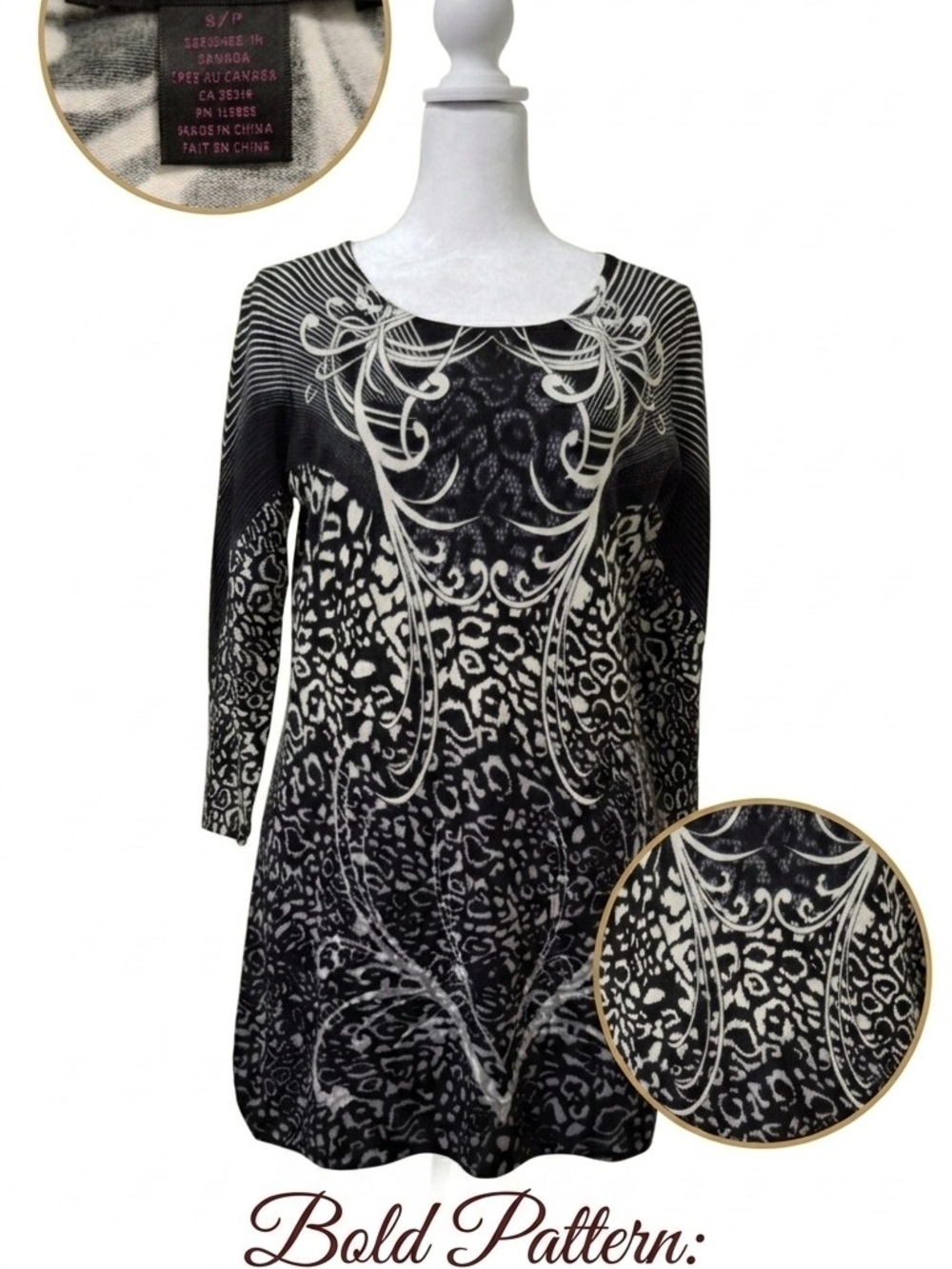 Elena Wang Women’s Size Small Leopard Scroll Print Knit Tunic Sweater Dress 3/4